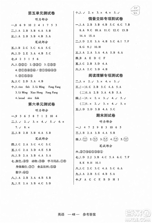 二十一世纪出版社集团2021新课程新练习三年级英语上册PEP版答案