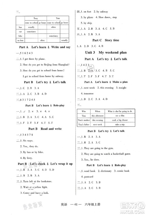 二十一世纪出版社集团2021新课程新练习六年级英语上册PEP版答案