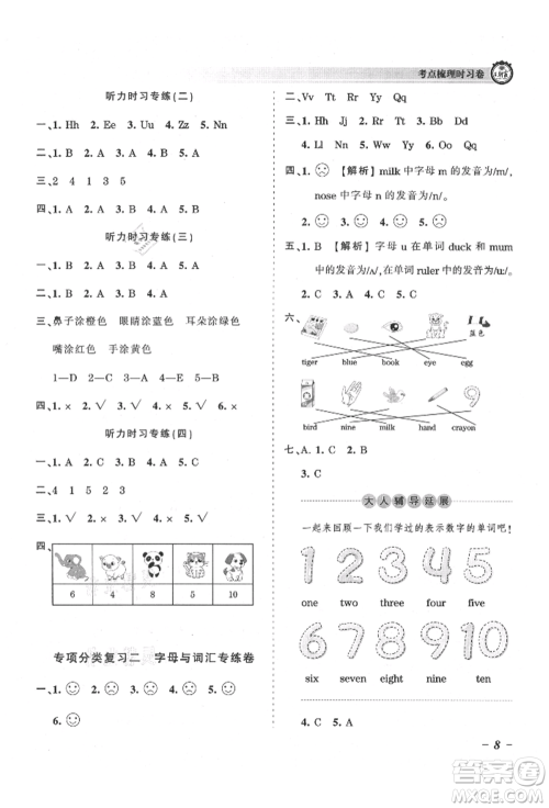 江西人民出版社2021王朝霞考点梳理时习卷三年级上册英语人教版参考答案