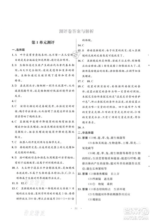 知识出版社2021初中同步测控优化设计七年级生物上册SJ苏教版答案 知识出版社2021初中同步测控优化设计七年级生物上册SJ苏教版答案