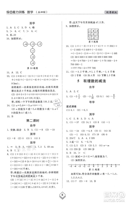 山东人民出版社2021综合能力训练六年级数学上册五四制鲁教版答案