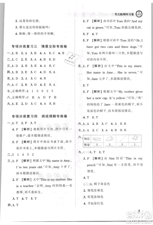 江西人民出版社2021王朝霞考点梳理时习卷三年级上册英语外研版参考答案