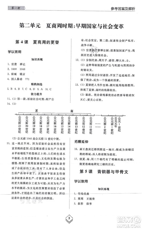 山东人民出版社2021综合能力训练中国历史第一册五四制人教版答案