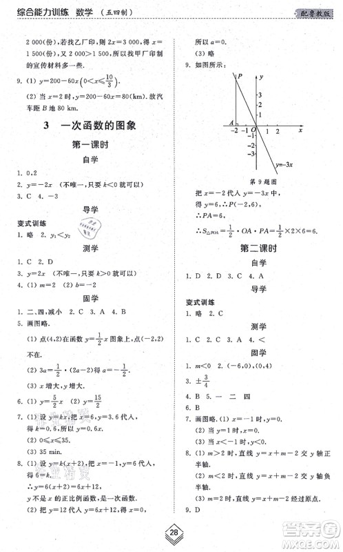 山东人民出版社2021综合能力训练七年级数学上册五四制鲁教版答案