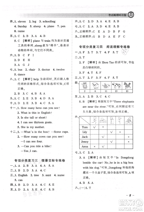 江西人民出版社2021王朝霞考点梳理时习卷四年级上册英语科普版参考答案