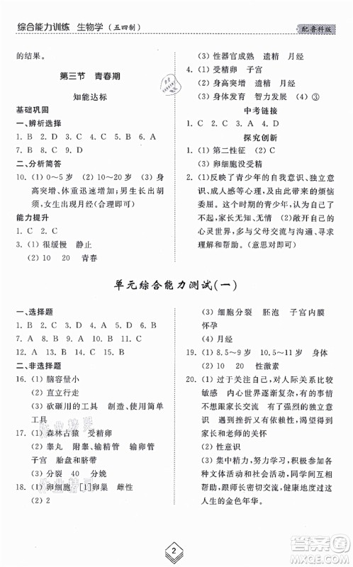 山东人民出版社2021综合能力训练七年级生物上册五四制鲁科版答案