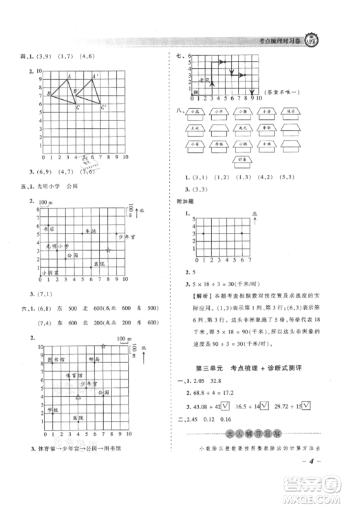 江西人民出版社2021王朝霞考点梳理时习卷五年级上册数学人教版参考答案