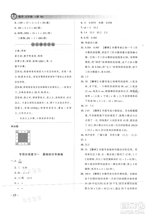 江西人民出版社2021王朝霞考点梳理时习卷五年级上册数学人教版参考答案