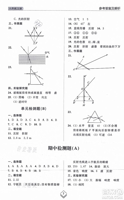 山东人民出版社2021综合能力训练八年级物理上册五四制鲁科版答案