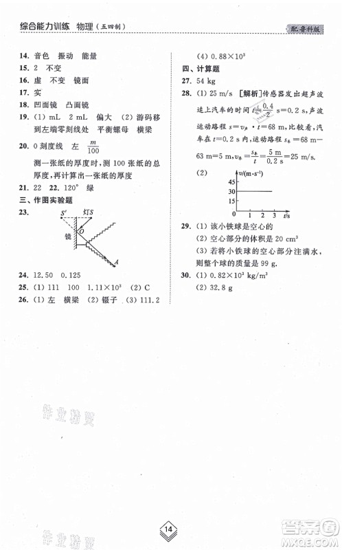 山东人民出版社2021综合能力训练八年级物理上册五四制鲁科版答案