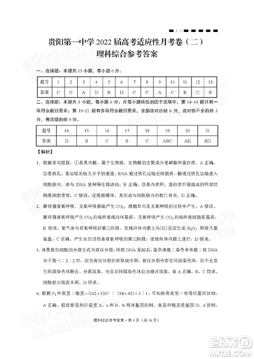2022届贵阳一中高考适应性月考二理科综合试题及答案 2022届贵阳一中高考适应性月考二理科综合试题及答案