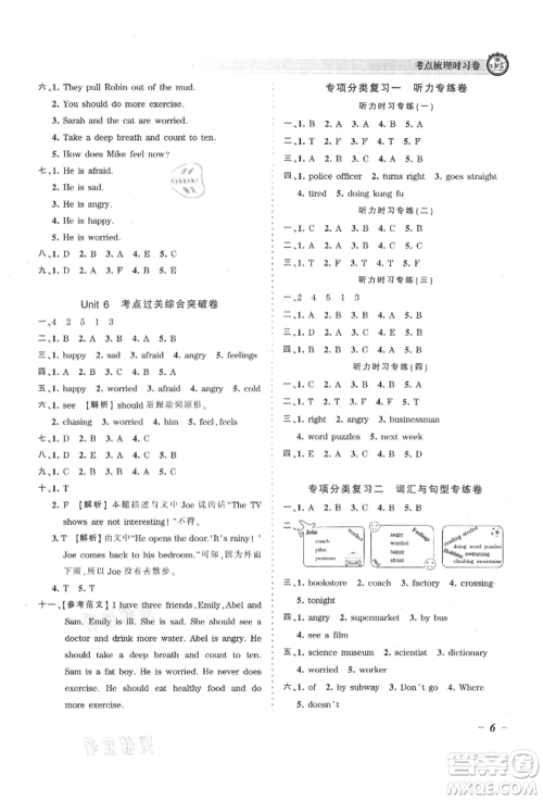 江西人民出版社2021王朝霞考点梳理时习卷六年级上册英语人教版参考答案