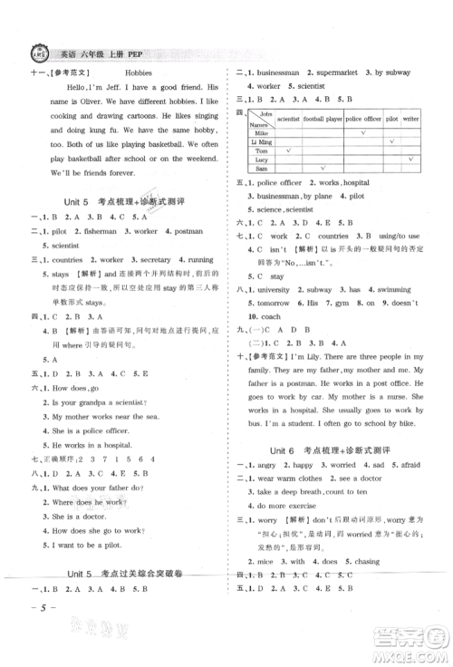 江西人民出版社2021王朝霞考点梳理时习卷六年级上册英语人教版参考答案