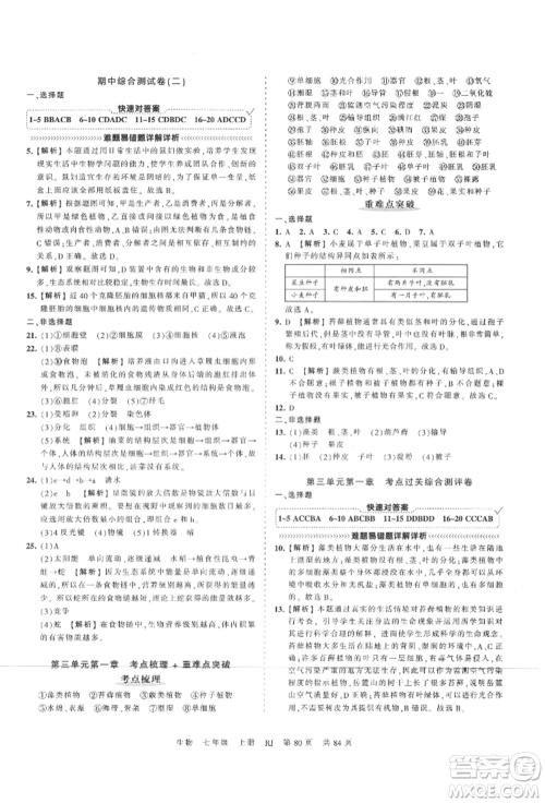 江西人民出版社2021王朝霞考点梳理时习卷七年级上册生物人教版参考答案