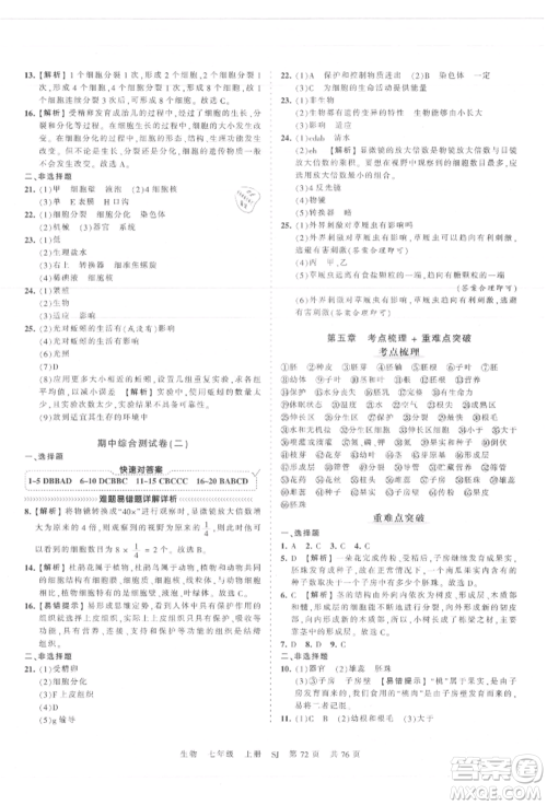 江西人民出版社2021王朝霞考点梳理时习卷七年级上册生物苏教版参考答案