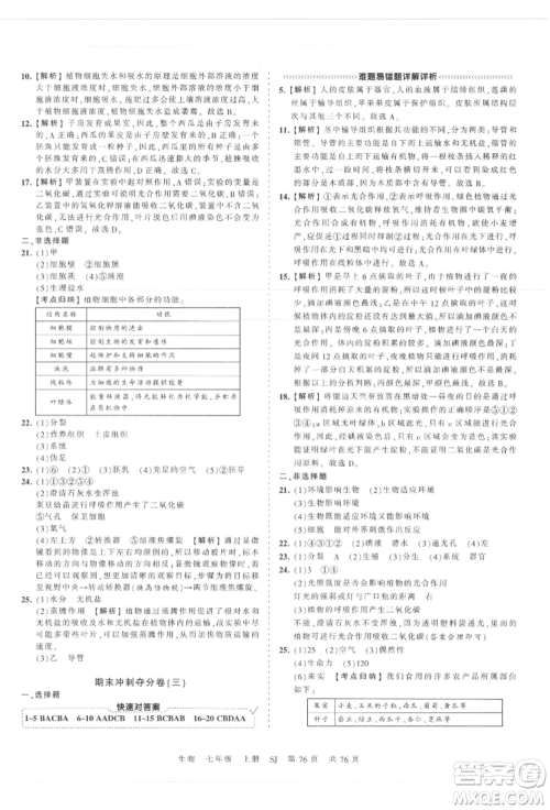 江西人民出版社2021王朝霞考点梳理时习卷七年级上册生物苏教版参考答案