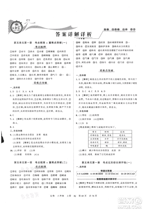 江西人民出版社2021王朝霞考点梳理时习卷八年级上册生物人教版参考答案