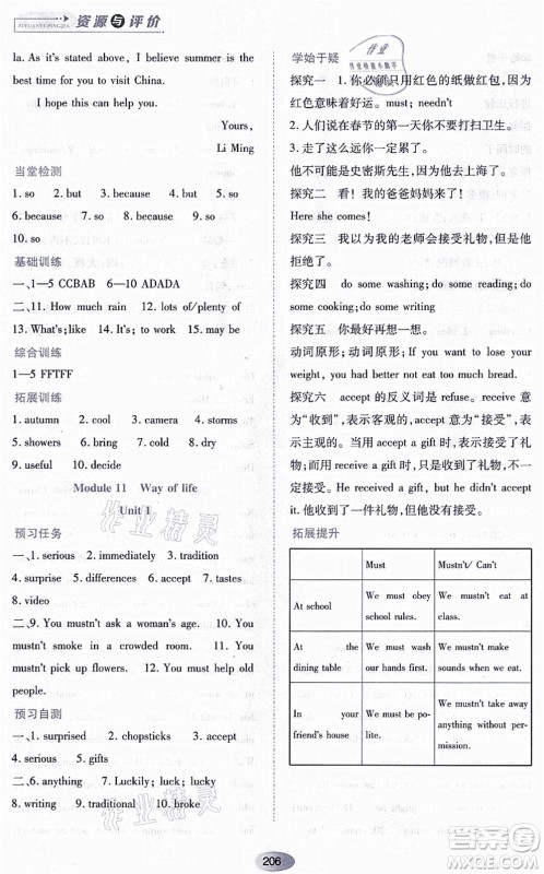黑龙江教育出版社2021资源与评价八年级英语上册外研版答案