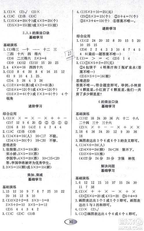 黑龙江教育出版社2021资源与评价二年级数学上册人教版答案