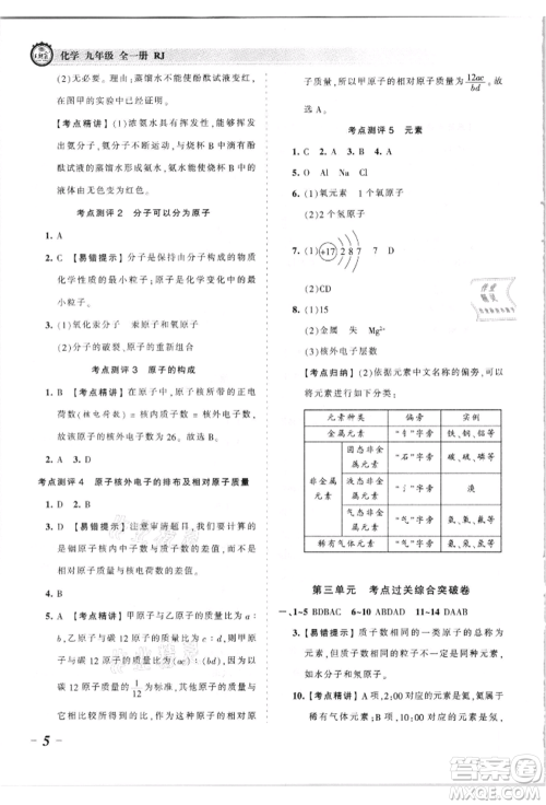 江西人民出版社2021王朝霞考点梳理时习卷九年级化学人教版参考答案