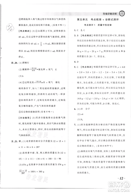 江西人民出版社2021王朝霞考点梳理时习卷九年级化学人教版参考答案