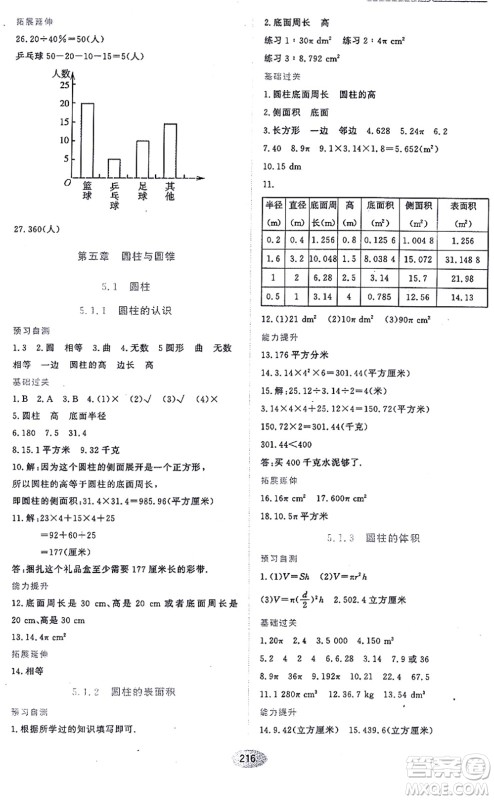 黑龙江教育出版社2021资源与评价六年级数学上册五四学制人教版答案