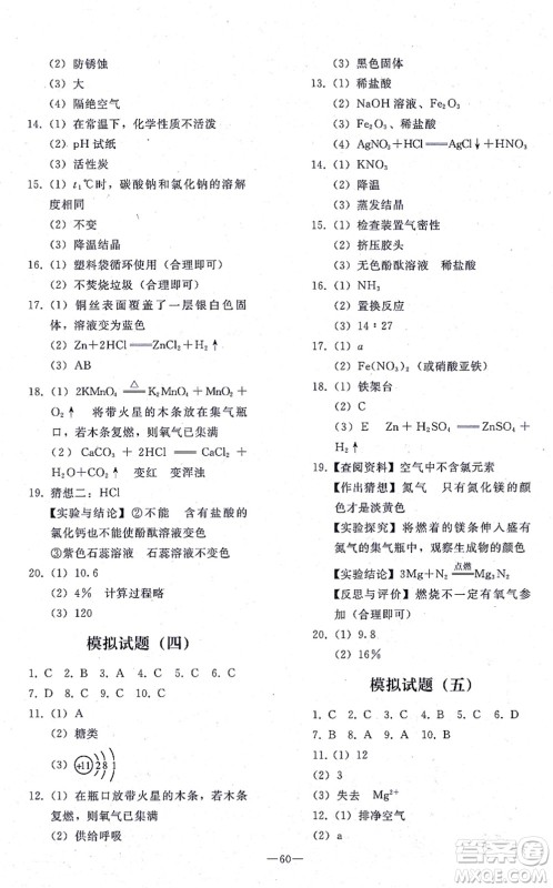 人民教育出版社2021同步轻松练习九年级化学总复习人教版答案 人民教育出版社2021同步轻松练习九年级化学总复习人教版答案