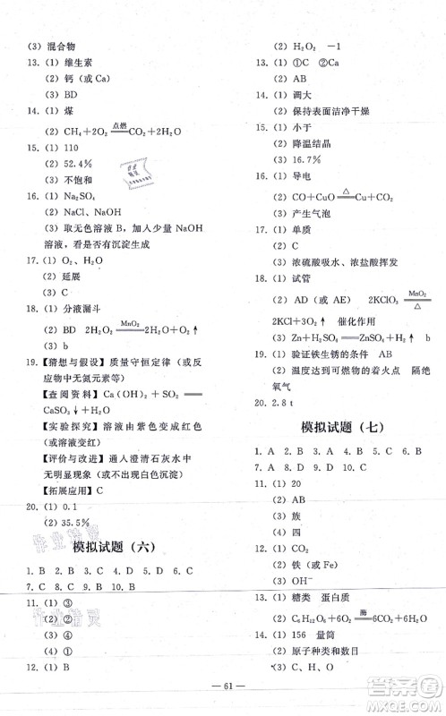 人民教育出版社2021同步轻松练习九年级化学总复习人教版答案 人民教育出版社2021同步轻松练习九年级化学总复习人教版答案