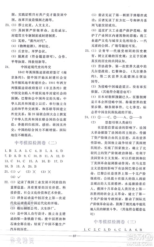 人民教育出版社2021同步轻松练习九年级历史总复习人教版答案