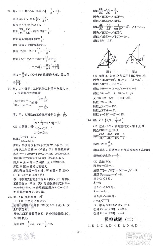 人民教育出版社2021同步轻松练习九年级数学总复习人教版答案