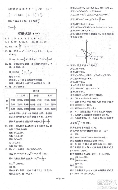 人民教育出版社2021同步轻松练习九年级数学总复习人教版答案