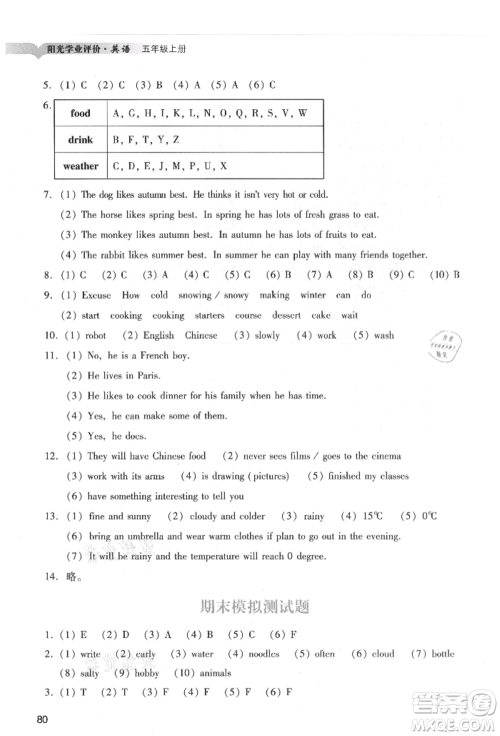 广州出版社2021阳光学业评价五年级上册英语教科版参考答案