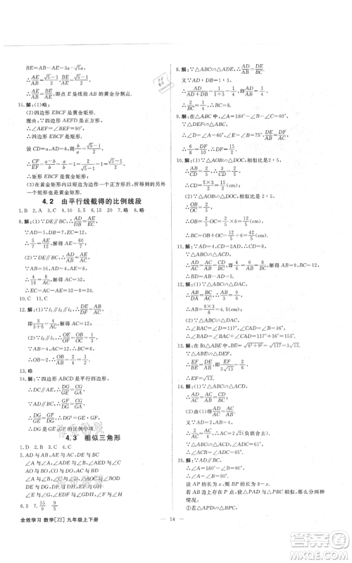 光明日报出版社2021全效学习课时提优九年级数学浙教版精华版参考答案 光明日报出版社2021全效学习课时提优九年级数学浙教版精华版参考答案