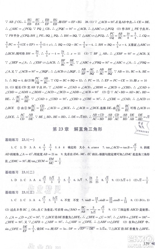 上海科学技术出版社2021初中数学同步练习九年级上册沪科版答案