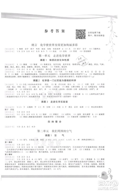 福建人民出版社2021顶尖课课练九年级上册化学人教版参考答案