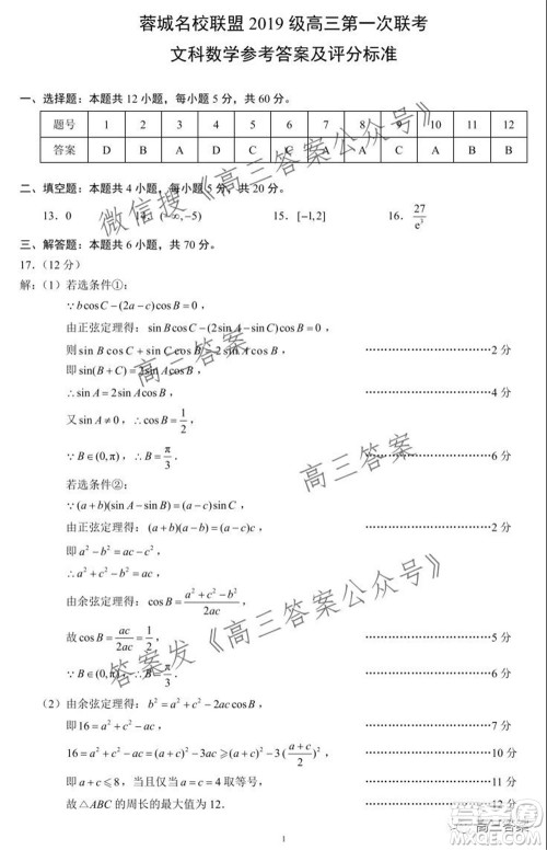 蓉城名校联盟2019级高三第一次联考文科数学试题及答案