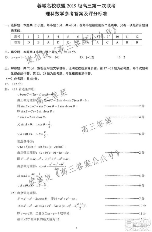 蓉城名校联盟2019级高三第一次联考理科数学试题及答案