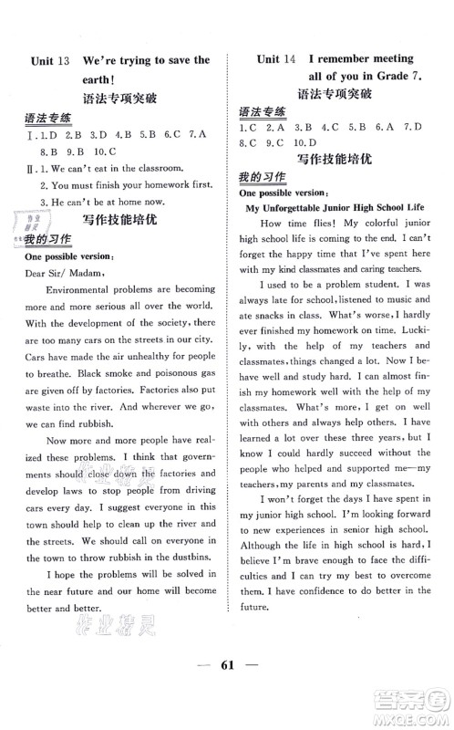 青海人民出版社2021新坐标同步练习九年级英语全一册人教版青海专用答案