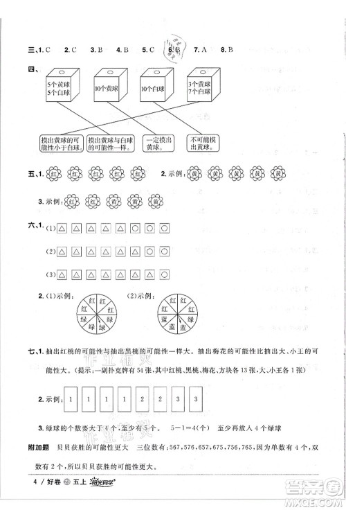 浙江教育出版社2021阳光同学全优达标好卷五年级数学上册R人教版浙江专版答案