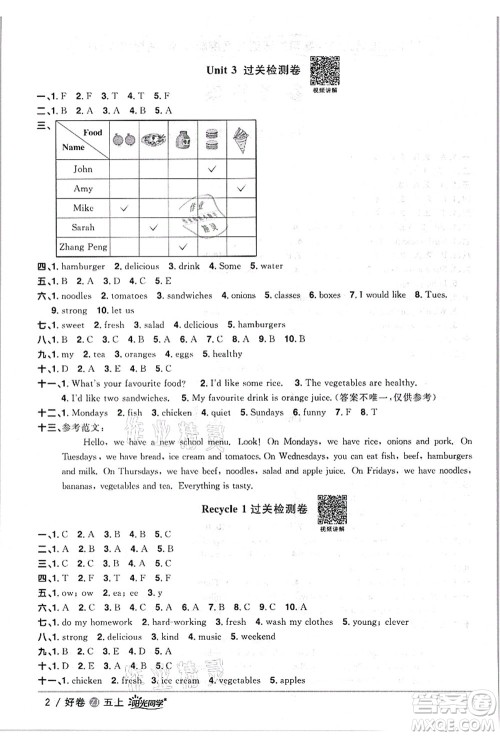 浙江教育出版社2021阳光同学全优达标好卷五年级英语上册REP版浙江专版答案