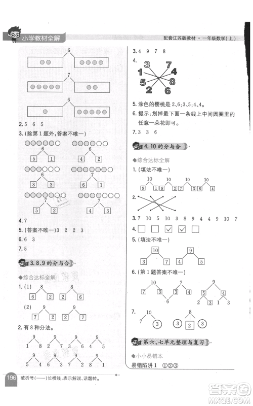 陕西人民教育出版社2021小学教材全解一年级上册数学江苏版参考答案