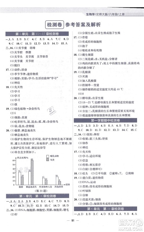 安徽教育出版社2021新编基础训练八年级生物上册北师大版答案