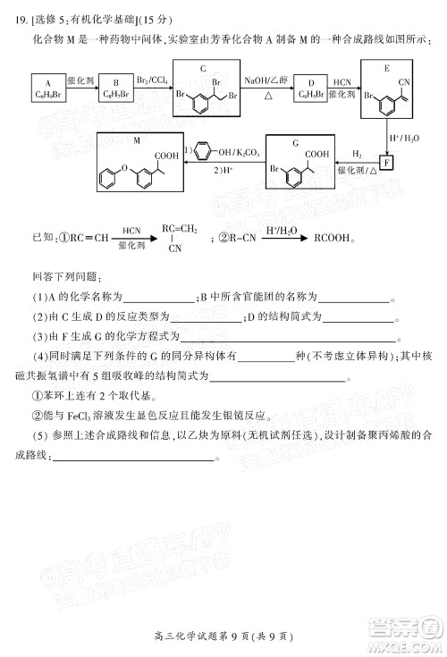 郴州市2022届高三第一次教学质量检测试卷化学试题及答案