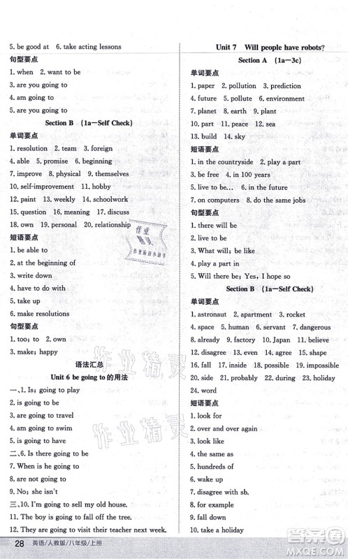 安徽教育出版社2021新编基础训练八年级英语上册人教版答案