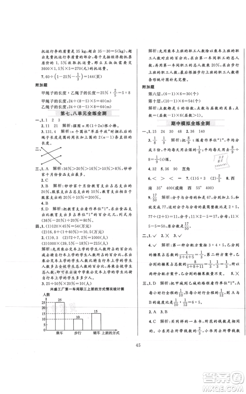 陕西人民教育出版社2021小学教材全练六年级上册数学人教版参考答案