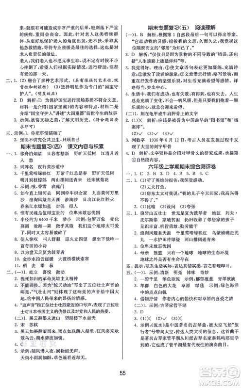 江苏人民出版社2021春雨教育课时训练六年级语文上册RMJY人民教育版答案