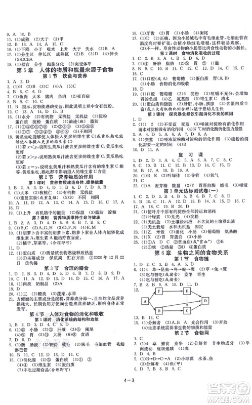 江苏人民出版社2021春雨教育课时训练七年级生物上册JSKJ苏科版答案