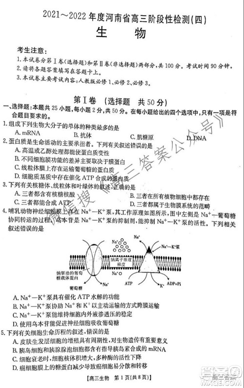 2021-2022年度河南省高三阶段性检测四生物试题及答案 2021-2022年度河南省高三阶段性检测四生物试题及答案