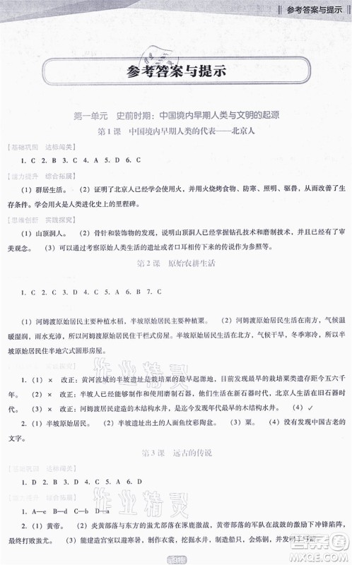 辽海出版社2021新课程历史能力培养七年级上册人教版D版答案