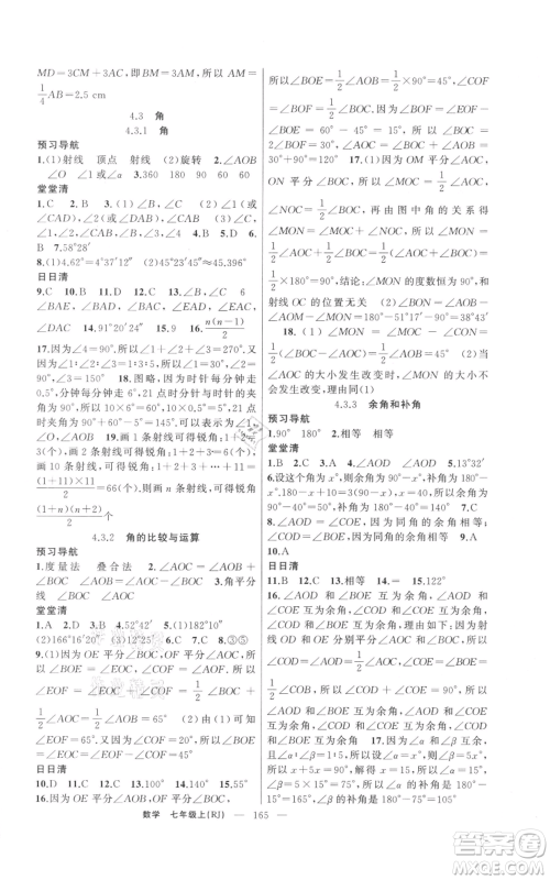 新疆青少年出版社2021四清导航七年级上册数学人教版河南专版参考答案